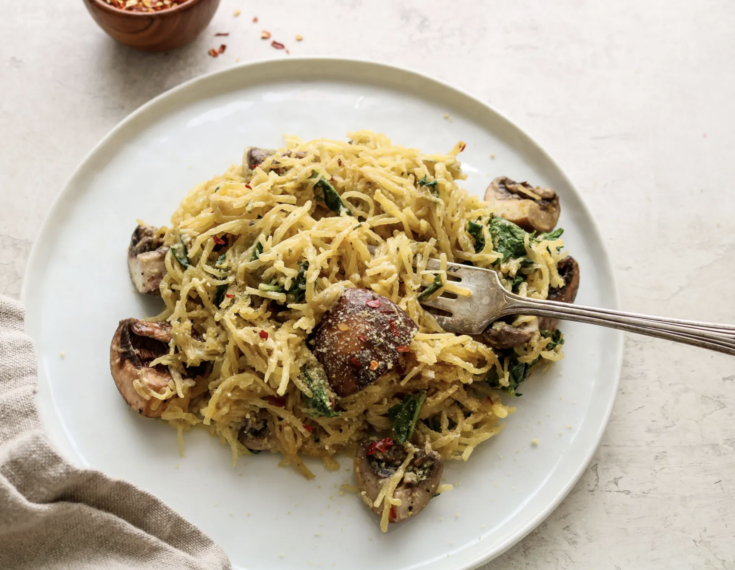 Spaghetti Squash with Creamy Kale-Mushroom Sauce