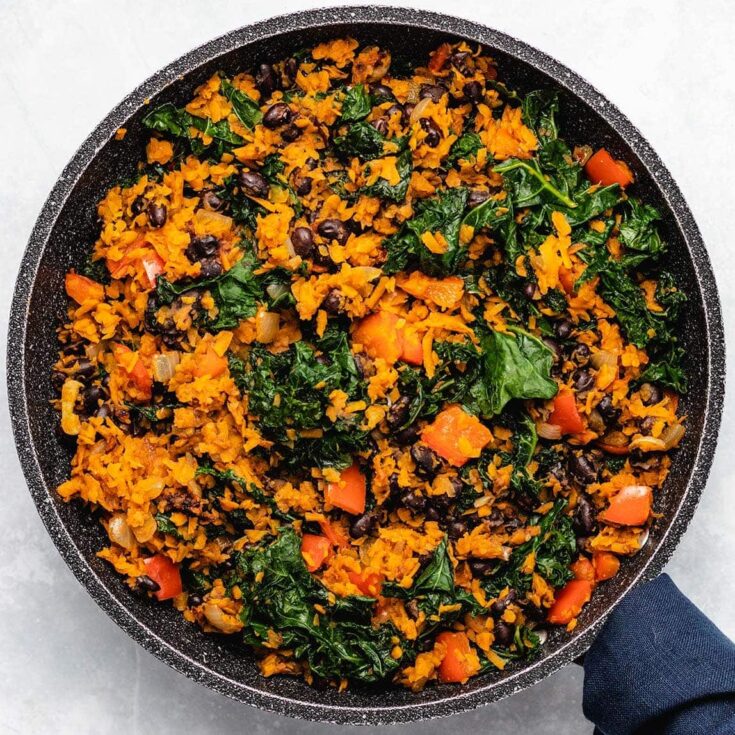 Bean “Sausage,” Sweet Potato, and Kale Hash