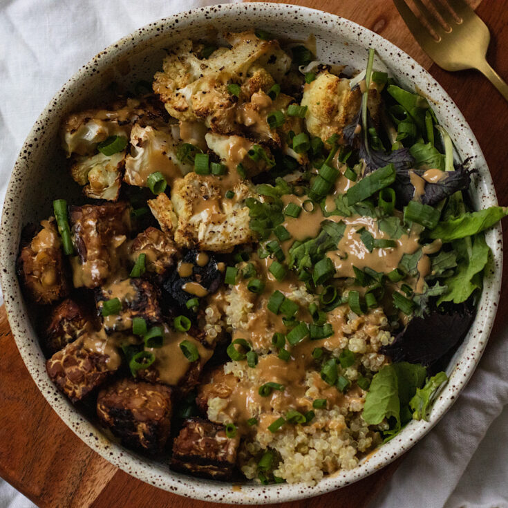 Roasted Tempeh, Zucchini and Cauliflower with Garlic and Sesame Oil